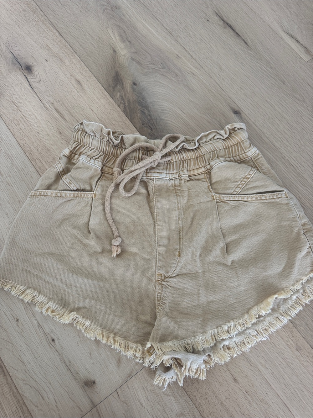 Free People Stone Beige High-Rise Paperbag Shorts with Fringe Hem